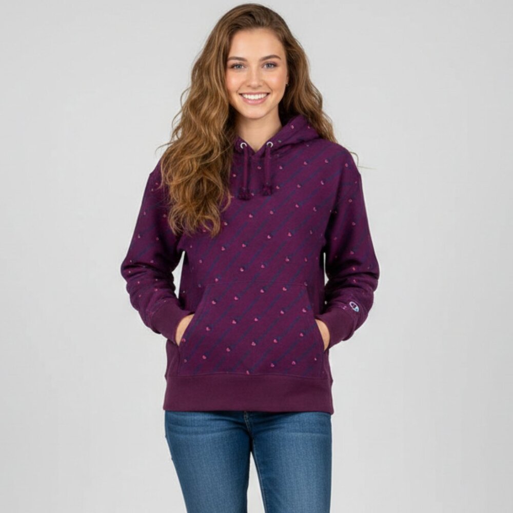 Champion Reverse Weave Hoodie Small Women's All Over Logo Print Burgundy Maroon